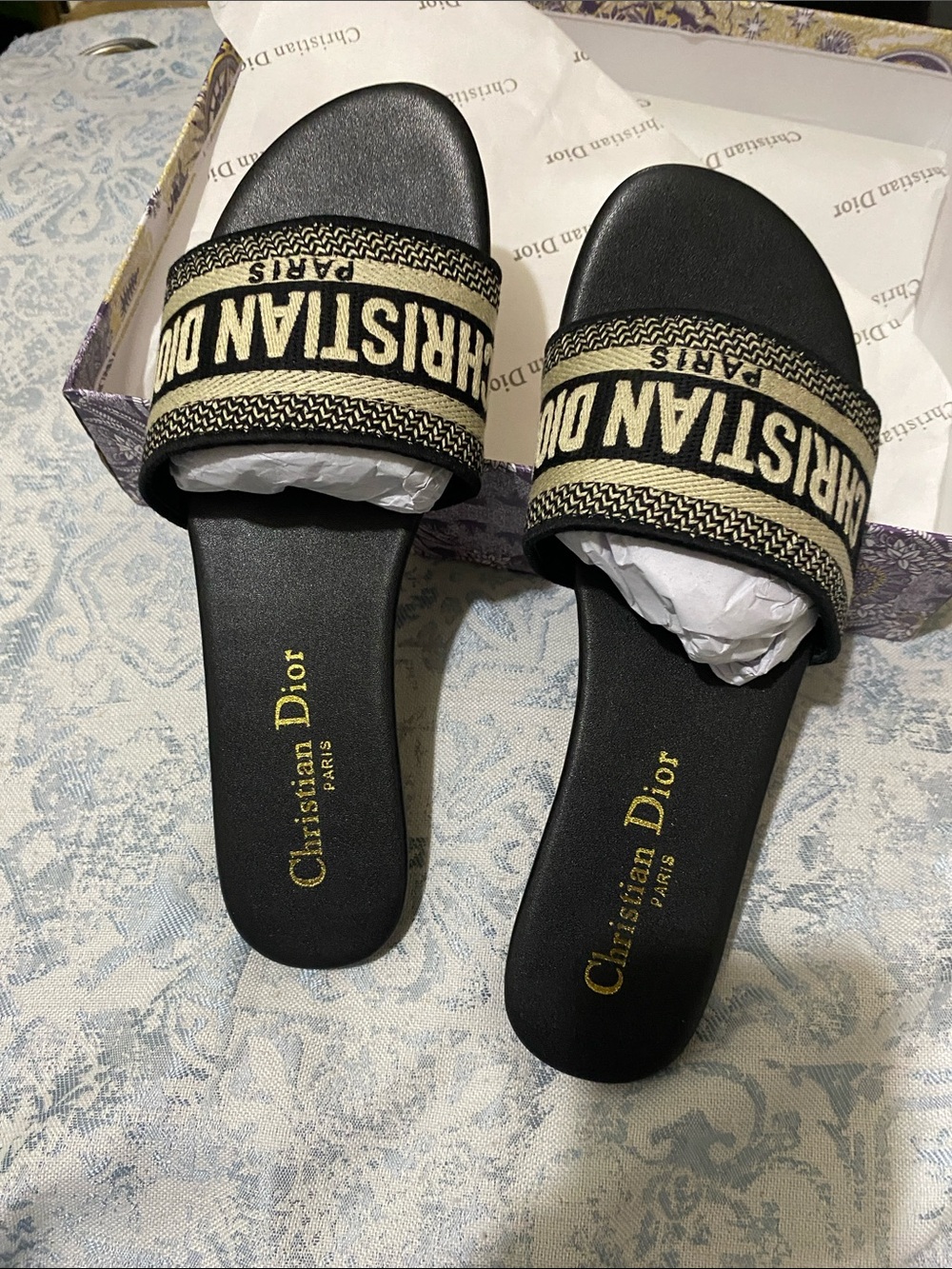 Dior Black and Beige Embroidered Slide Sandals